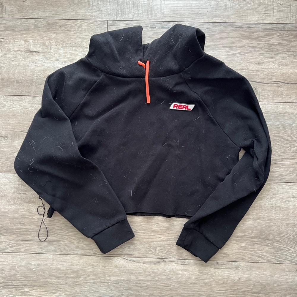 Black Cropped Hoodie with Red Detail